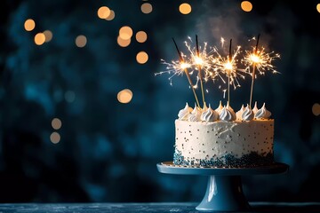 Birthday cake with candles and sparklers on a pastel background, space for text.