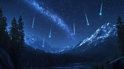 Amazing night landscape during Perseid meteor shower with starry sky Milky Way and falling meteors in a 3D cartoon rendering