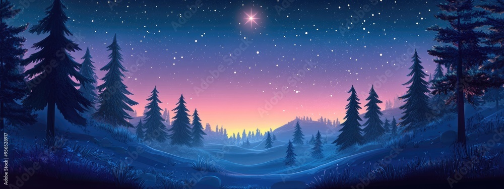 Leinwandbilder illustration of a forest landscape at twilight featuring a north star in a 3d cartoon rendering styl