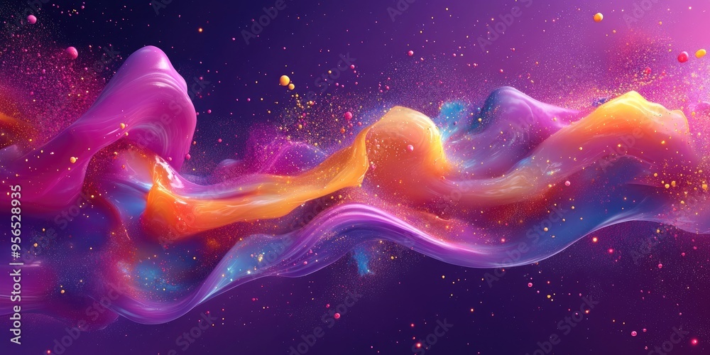 Poster cosmic abstract purple background depicting colorful dust and splashes of paint in a 3d cartoon styl