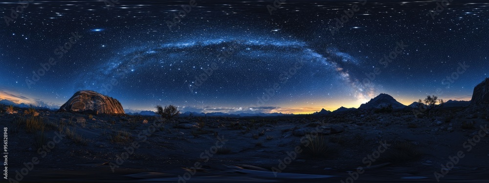 Poster 360 panorama at night featuring stars and the Milky Way rendered in 3D cartoon style This seamless panorama is suitable for use in 3D graphics or game development as a sky dome or for editing dron