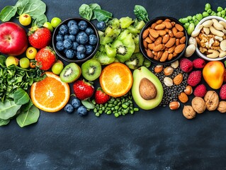 Fresh superfoods spread, vibrant fruits, nuts, and greens on a dark slate background, topdown view, healthy and colorful display