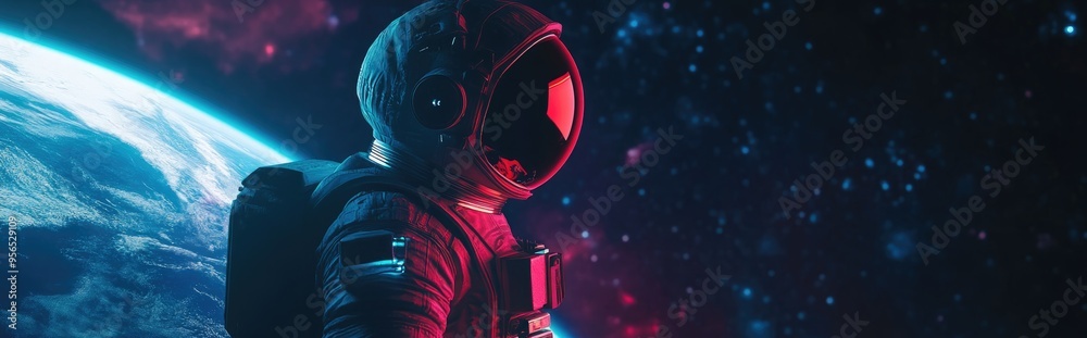 Poster 3d rendering of a cartoon astronaut standing before earth in space showcasing a futuristic and cosmi