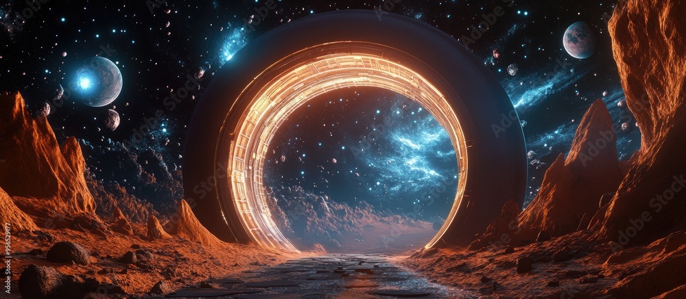 Leinwandbilder 3d cartoon rendering of a fantasy portal leading astronauts to explore new galaxies and distant worl