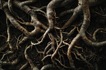 Fototapeta premium A symphony of gnarled roots, intertwined and reaching, a testament to the silent power beneath the surface.