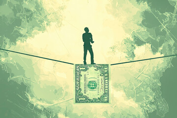 Fototapeta premium Balancing Act: A lone figure walks a tightrope strung across a single dollar bill, a poignant metaphor for navigating financial precarity.