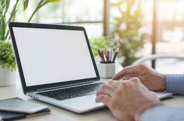 Close-up of Hands Typing on Laptop with Blank Screen in a Modern Workspace