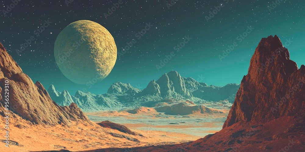 Poster Beautiful view from an exoplanet featuring a 3D cartoon rendering of a computer generated surface showcasing a fantastic perspective of an alien planet in a fantasy world