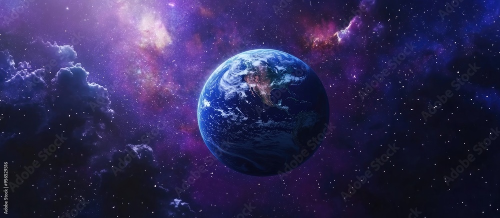 Poster planet earth in a 3d cartoon rendering set against a backdrop of cosmic stars