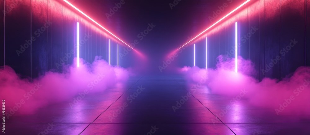 Poster Background of an empty dark room with empty walls neon light smoke and glow in a 3D cartoon rendering