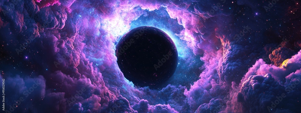 Poster Abstract black hole with nebula in outer space surrounded by colorful stars and cloud fields in a 3D cartoon rendering