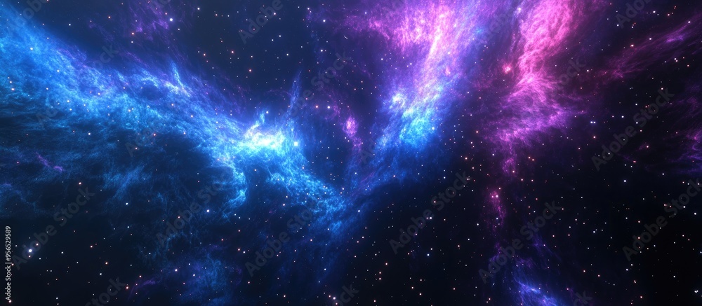 Poster Space background featuring a colorful fractal nebula in blue and violet hues accompanied by a star field in a 3D cartoon rendering