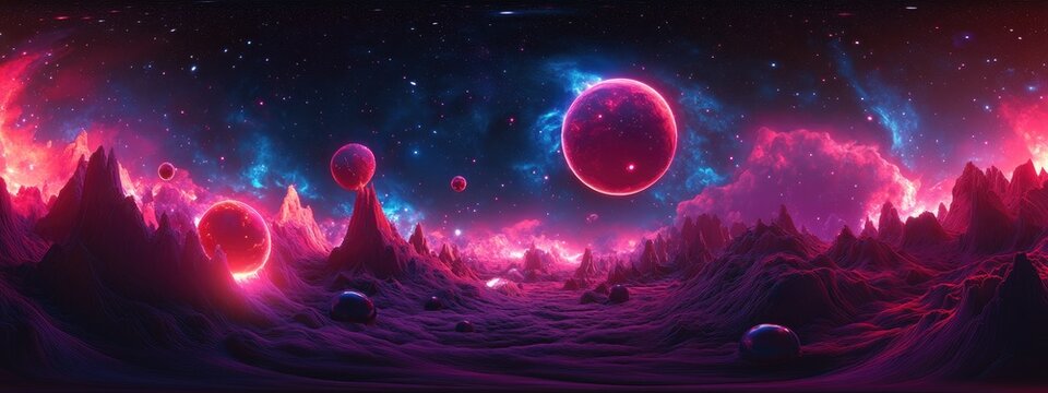 360 degree space background with nebula and stars depicted in a 3D cartoon rendering featuring equirectangular projection and an HDRI spherical panorama