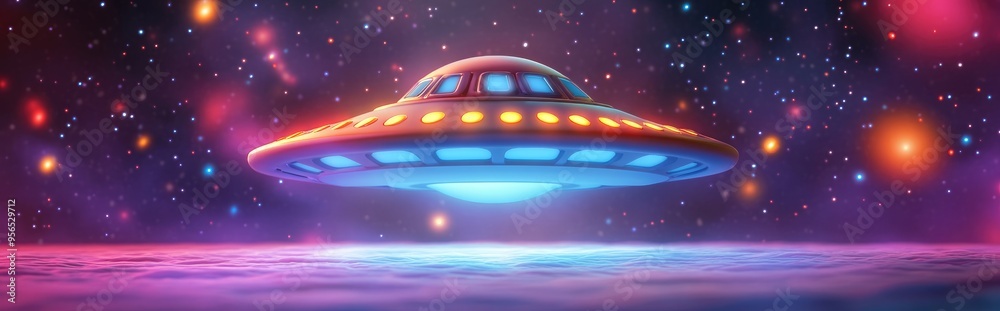 Poster colorful cartoon scene featuring a humorous 3d rendering of a galactic alien ufo space craft designe