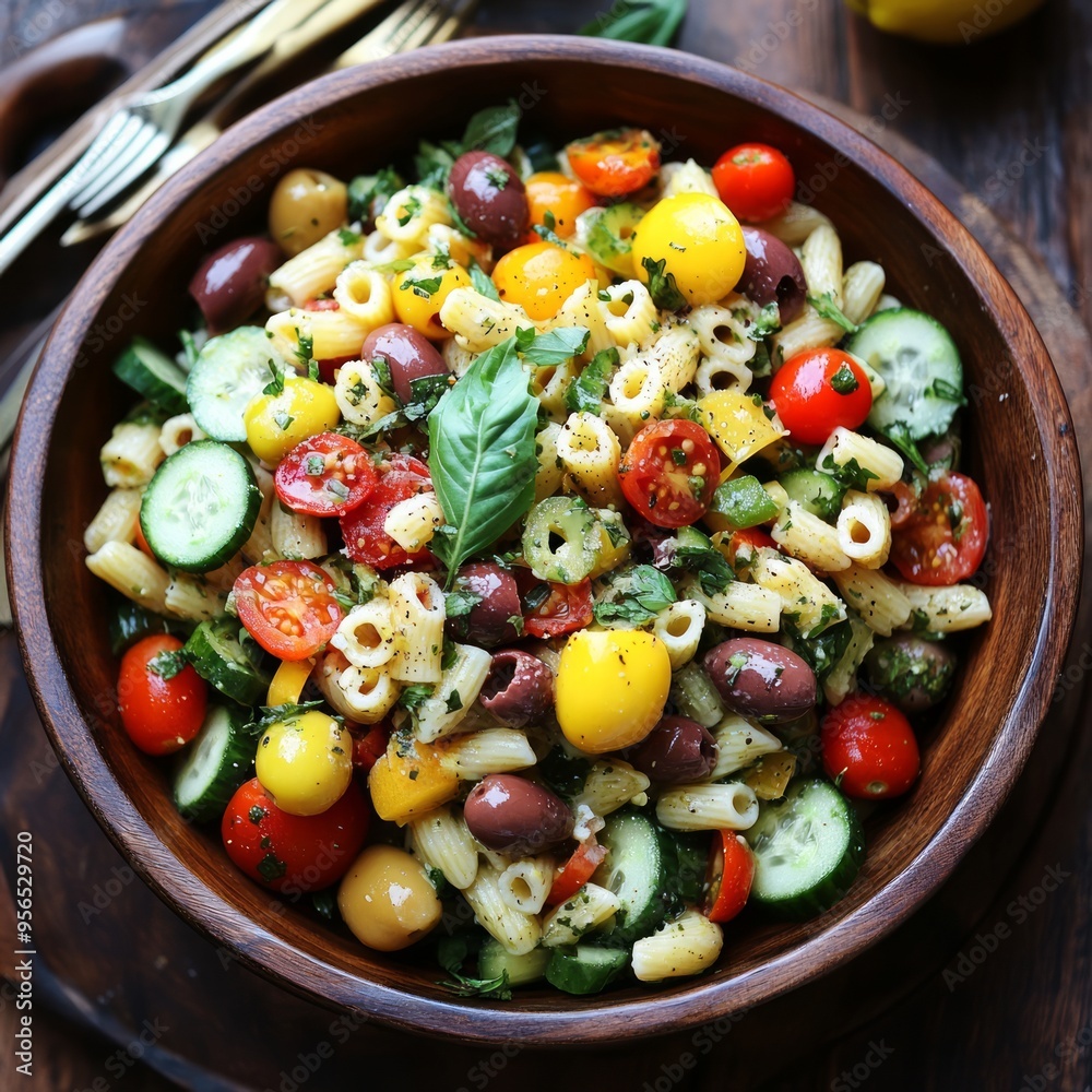 Wall mural A wooden bowl filled with a colorful pasta salad with cherry tomatoes, cucumbers, olives, and basil.