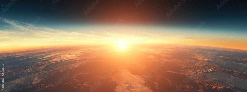 Poster Beautiful sunrise from space in a 3D cartoon rendering showcasing the view from a spacecraft