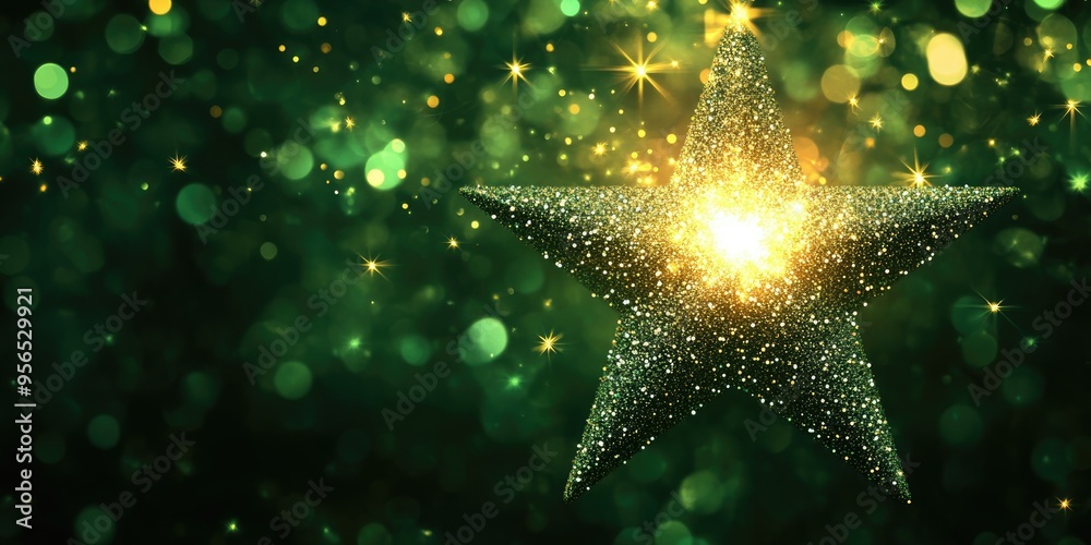 Poster Twinkling glitter forms a star in shades of white and yellow enhanced by a bokeh effect set against a dark green background with a bright highlight in the center 3D cartoon rendering