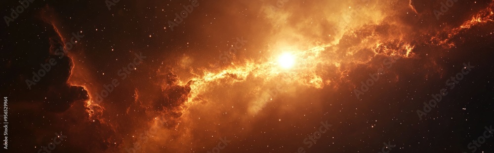 Poster Universe depicted in a 3D cartoon rendering featuring an interstellar cloud of dust and gas Space background includes sun and stars