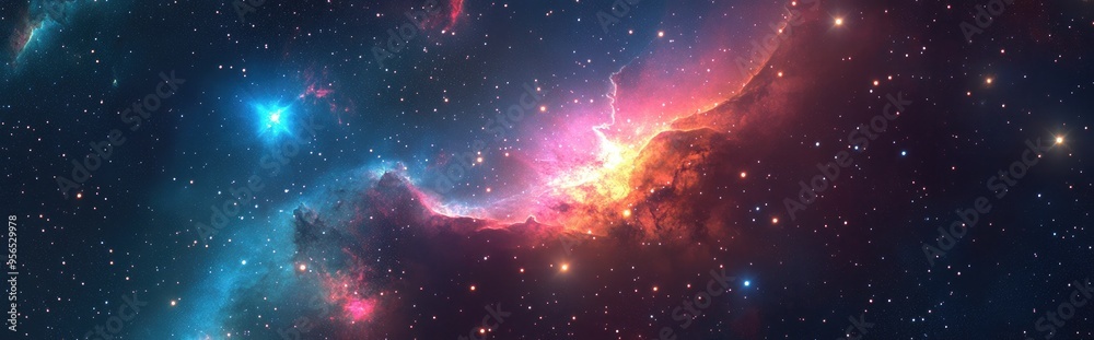 Poster Space background featuring stardust and shining stars accompanied by a colorful galaxy and realistic nebula in a 3D cartoon rendering