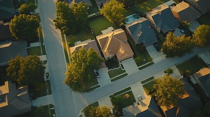 Straight aerial view suburban houses with parallel residential streets and backalley suburbs Dallas Fort Worth metro complex medium density subdivision large lots size warm light aeria : Generative AI