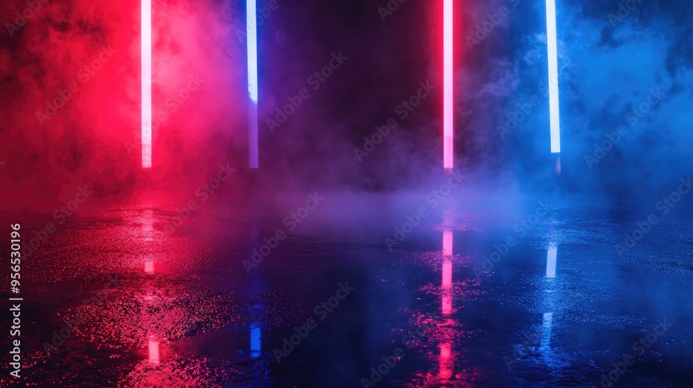 Poster empty backdrop with a dark reflection on wet asphalt featuring blue and red neon light rays mysterio