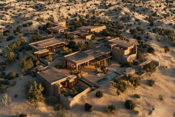 Fototapeta premium Aerial view of a modern desert residence surrounded by sparse vegetation.