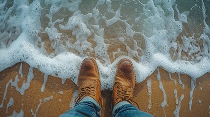 Fototapeta premium A pair of brown leather shoes stand on a sandy beach as a wave crashes against them.