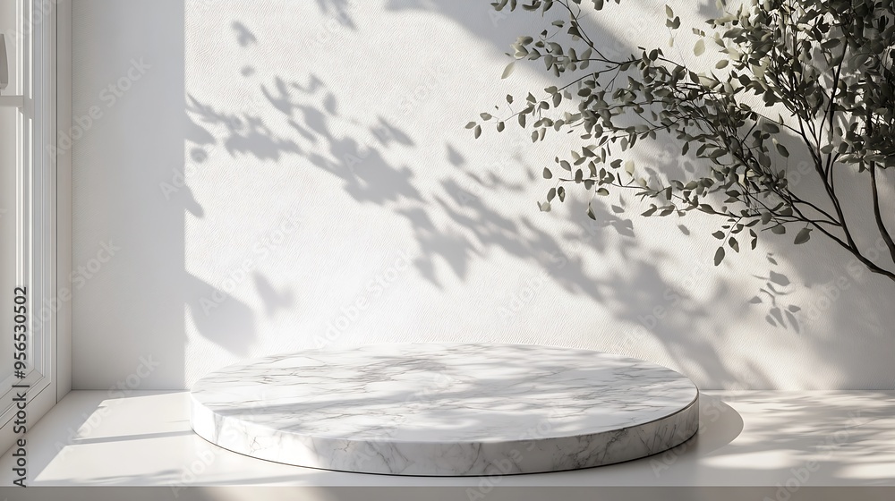 Leinwandbilder round marble table top with tree leaves shadow drop on white wall background for mockup product disp