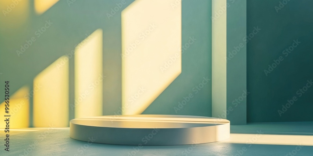 Fototapete Minimal abstract geometric background featuring direct sunlight in green and yellow tones An empty podium is highlighted for product presentation in a 3D rendering