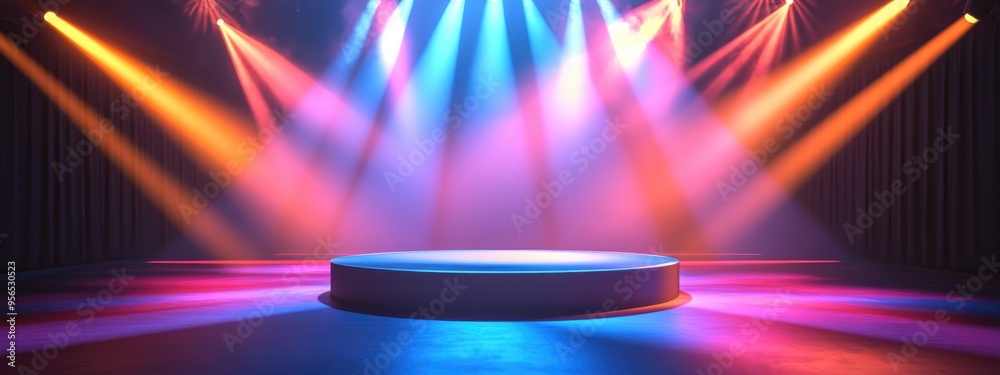 Poster empty podium with a disco backdrop rays of light illuminate a magical event vibrant square stage des