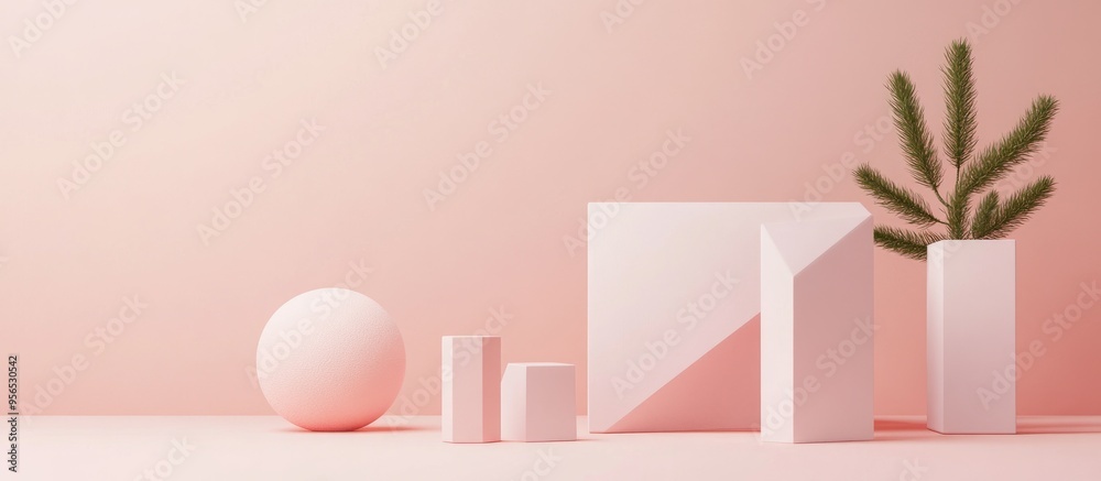 Poster Minimal abstract composition featuring geometric shapes on a soft pink background 3D visualization