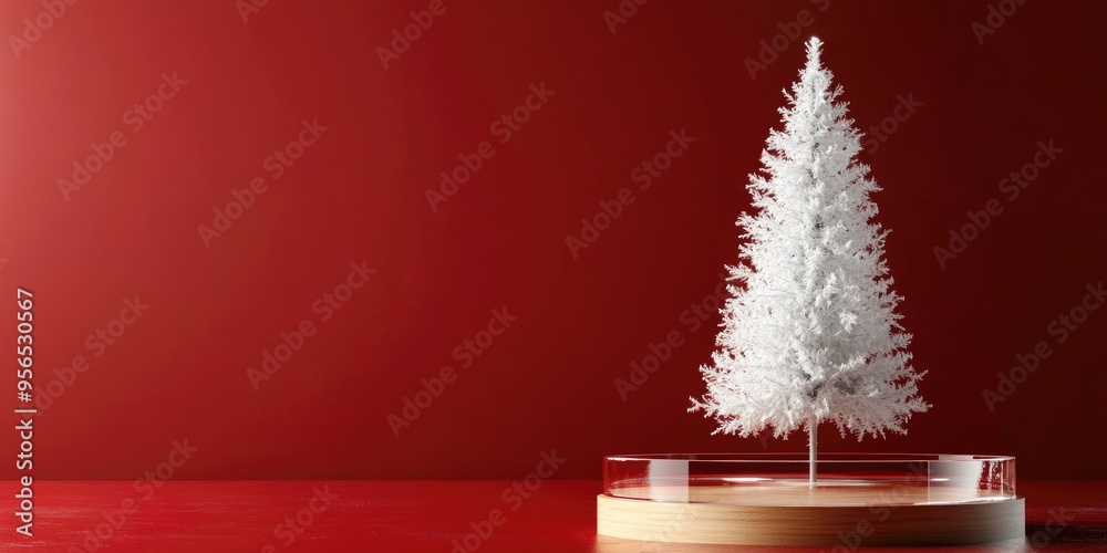 Poster blank pedestal product stand with glass texture and a white christmas tree on a red background 3d re