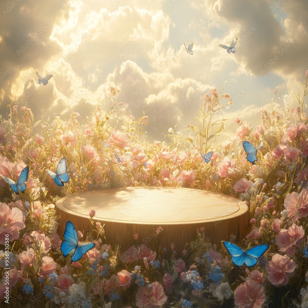 Sticker A wooden platform in a field of pink flowers with blue butterflies flying around it under a cloudy sky.