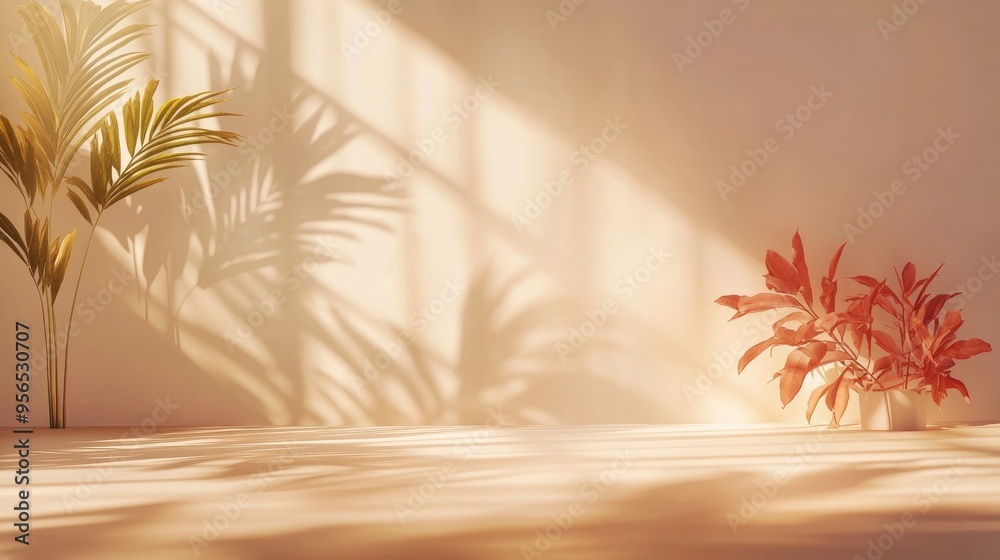 Poster abstract studio backdrop for showcasing products vacant space featuring window shadows flowers and p