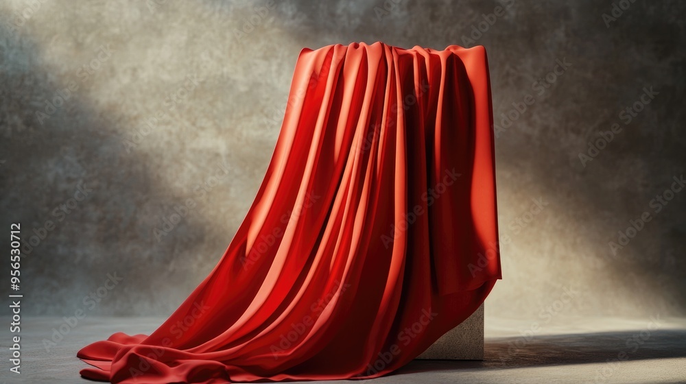 Poster Red fabric draped over a display pedestal 3D rendering