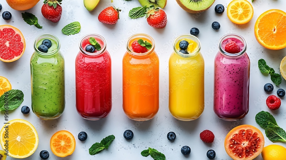Aufkleber Freshly pressed Fruit vegetable juice smoothie with fruits veggie toppings on white background file Many assorted different flavour Mockup template for artwork design : Generative AI