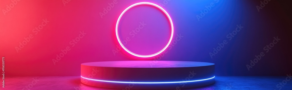 Poster neon lighting in pink and blue creates a vibrant backdrop for a vacant fashion podium with a luminou