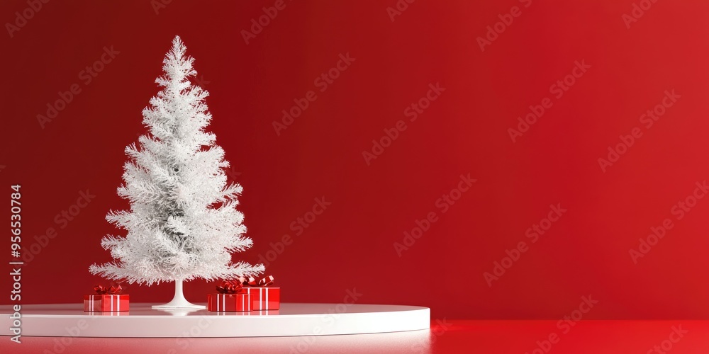 Poster blank pedestal product stand with glass texture and a white christmas tree on a red background 3d re