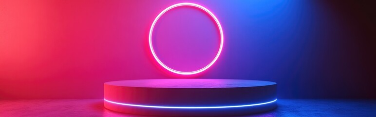 Obraz premium Neon lighting in pink and blue creates a vibrant backdrop for a vacant fashion podium with a luminous circular shape positioned overhead 3D render