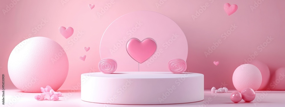 Aufkleber cosmetic product display stand featuring a pink and white round cylinder podium embellished with hea