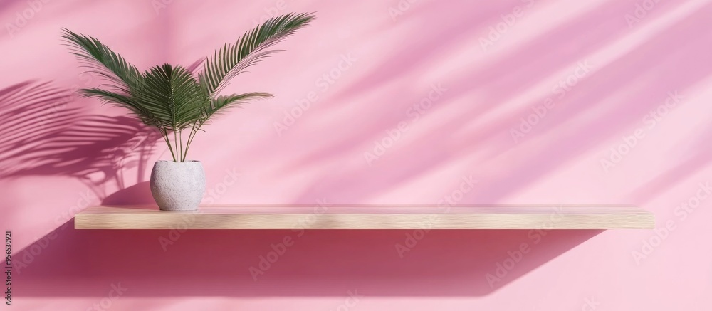 Poster Front view of an empty shelf against a pink wall showcasing a modern minimalistic design Display for showcasing room shelves Realistic 3D rendering