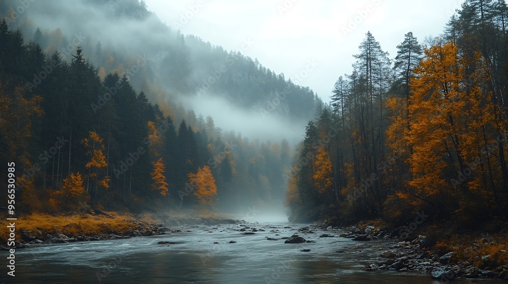 Aufkleber wild nature shot of mountain river in the mountains shrouded in clouds in autumn a foggy autumn morn