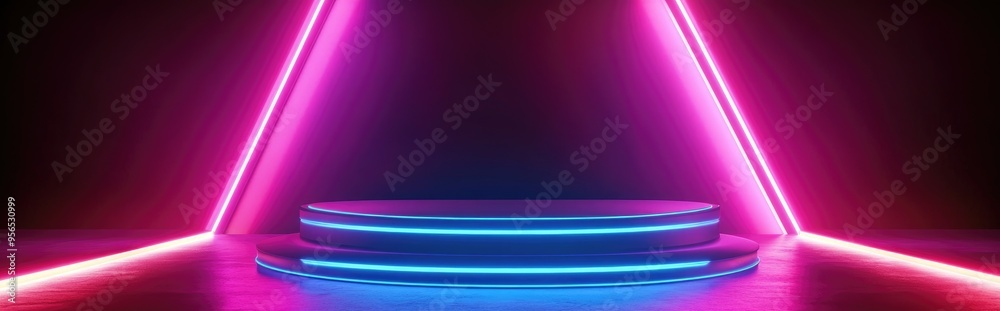 Poster Illuminated podium in an abstract scene with neon lighting 3D rendering of a futuristic backdrop