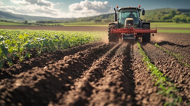 Fototapeta Large potato harvester pulled by a tractor processing a filed : Generative AI