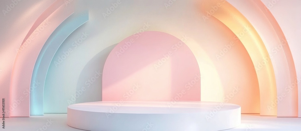 Poster minimalist podium scene with abstract backdrop in pastel hues 3d rendering