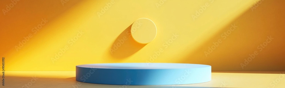 Aufkleber Blue product display in a bright yellow space studio setup for minimalistic design 3D visualization