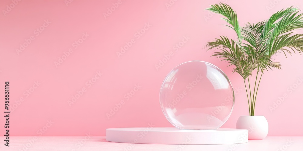 Fototapete round podium and glass screen on a pink background with a small palm tree natural display minimalist