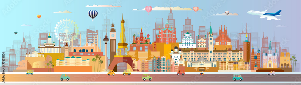 Wall mural travel landmarks europe famous architectural and monument panorama, colorful architecture silhouette