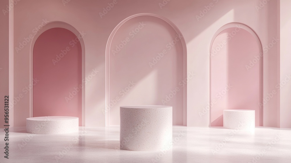 Aufkleber minimalistic 3d render of a pastel podium showcase featuring simple geometric shapes for product pre