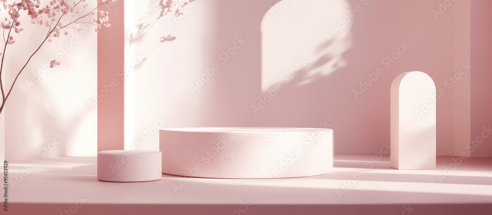 Poster Abstract geometric shapes in pastel colors for minimalist design suitable for cosmetic or product display podium in 3D render